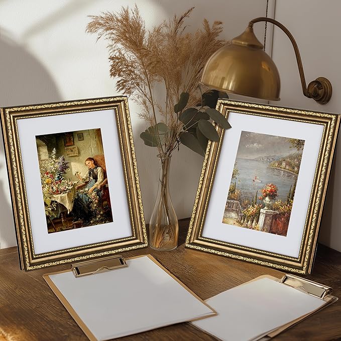 eletecpro 8x10 Picture Frames Set of 4, Gold Frame with Glass Cover, Vintage 8 x 10 Photo Frames Display 5x7 Photo with Mat or 8x10 without Mat for Tabletop or Wall Decor, Bronze Gold
