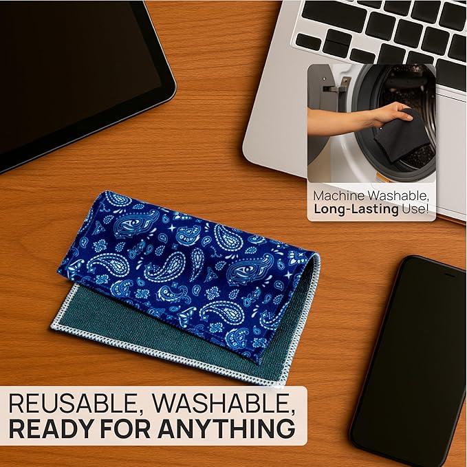Quick Cloth Microfiber Glasses Cleaning Cloths – 5x7, Paisley Blue, 2 Pack with Case | Double-Sided Lens Cleaner for Eyeglasses, Camera, Screens & Glass | Reusable Microfiber Glass Polishing Cloths
