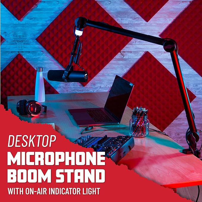 Gator Frameworks Professional Desktop Broadcast/Podcast Microphone Boom Stand with On-Air Indicator Light, Blue,Violet, & Red (GFWMICBCBM4000)