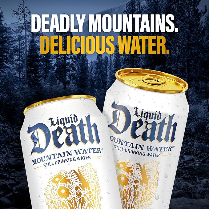 Liquid Death Still Mountain Water, Real Mountain Source, Ice-Cold Cans, Infinitely Recyclable, 12 Fl Oz (Pack of 12)