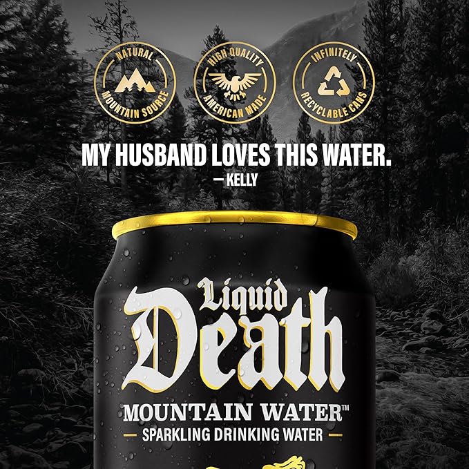 Liquid Death Sparkling Mountain Water, Real Mountain Source, Ice-Cold Cans, Infinitely Recyclable, 12 Fl Oz (Pack of 12)