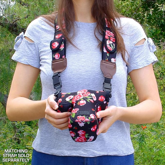 USA Gear Camera Sleeve (Medium) for Compact SLRs Compatible with Canon EOS R100 Nikon Z30 Sony ZV-E10, and more - Padded Neoprene DSLR Case with Zipper Accessory Pocket & Belt Loop (Floral)
