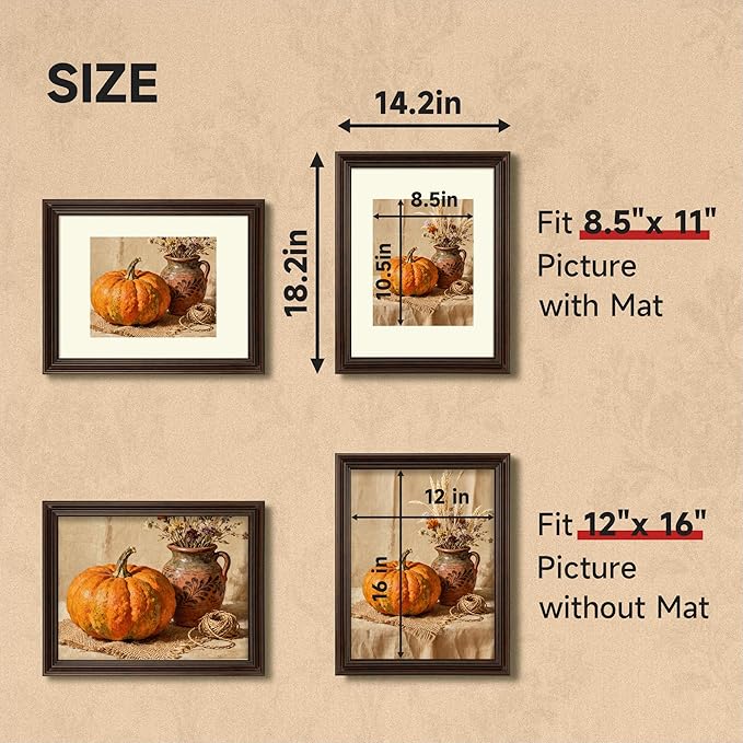 12x16 Picture Frame, 2 Pack Ornate Vintage Picture Frames for Wall or Tabletop Display, 12 x 16 Photo Frame with Real Glass, Display Poster 8.5x11 with Mat or 12x16 without Mat for Antique Déco, Brown