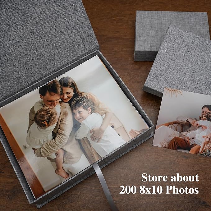 Hiwhy Photo Storage Box 8x10, Linen Photo Box, Memory Box Perfect to Store Your Photo, Pictures, Certificates, Scrapbooking Supplies, Keepsakes and Jewelry Grey