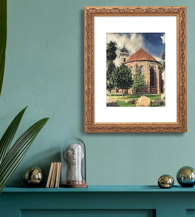 11x14 in Distressed Rustic Gold Wood Vintage Farmhouse Picture Frame, Museum Grade Off White Mat for8x10 Photos, Real Glass Protection, Wall Hanging Photo Display, Antique Gold