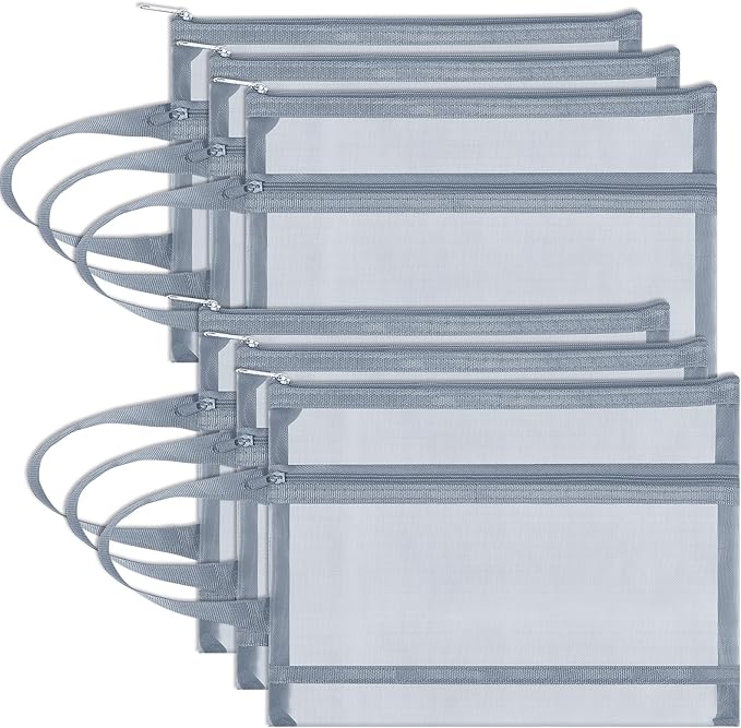 Fassave 6 Pack Mesh Zipper Pouch Bags, Double Layer Nylon Pouch with Handle for Office Travel Organization (Grey, A4)