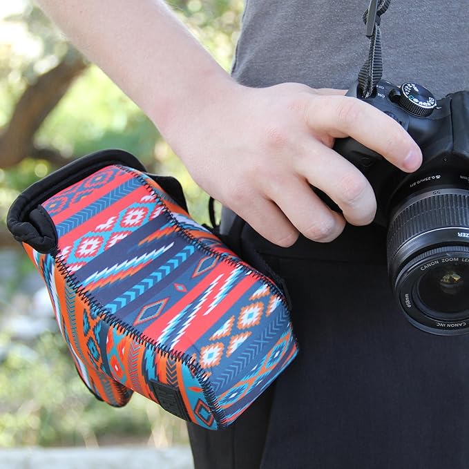 USA Gear Camera Sleeve (Medium) for Compact SLRs Compatible with Canon EOS R100 Nikon Z30 Sony ZV-E10, and more - Padded Neoprene DSLR Case with Zipper Accessory Pocket & Belt Loop (Southwest)