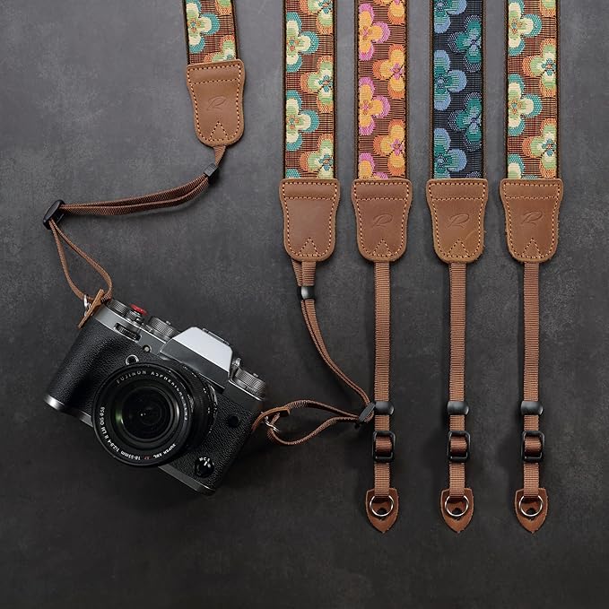 Padwa Lifestyle Camera Strap - 1.5" Crazy Horse Cowhide Head Cotton Strap,Vintage Embroidery Camera Straps for Photographers,Cameras,Binoculars,Cute Adjustable Shoulder Neck Strap for Adults & Kids