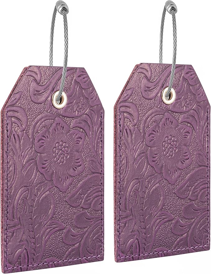 Genuine Leather Set of 2 Luggage Tag with Full Back Privacy Name ID Card Stainless Steel Loop Suitcase Labels Identifiers Baggage Tags Luggage for Women Men Travel (Purple Flower)