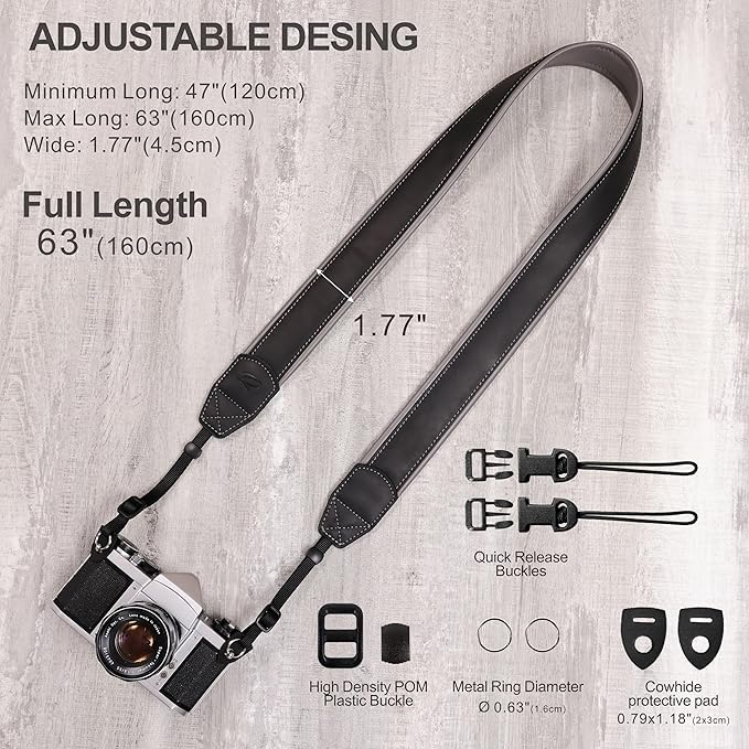 Padwa Lifestyle Black Padded Leather Camera Strap - Full Grain Genuine Cowhide Camera Straps with Gray Thick Skin-friendly Clothing Leather Padded,Soft&Comfort Strap for Long Periods of Photographers