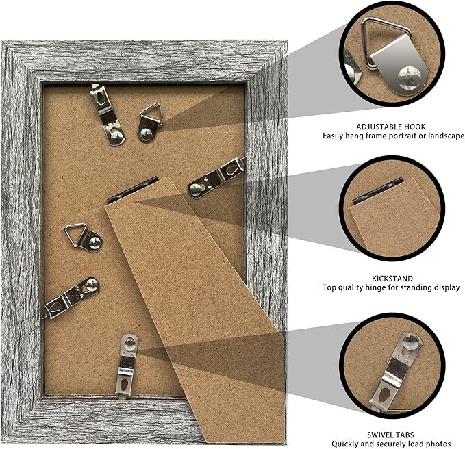 5x7 Picture Frame Set of 4, Made of Real Glass and Grey Wooden Frame, 5 by 7 Photo for Wall or Tabletop - Display Picture 4x6 with Mat or 5x7 Without Mat