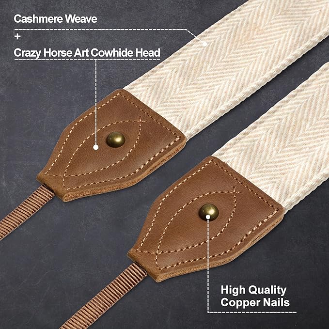 Padwa Lifestyle 2" Wide Classic Crazy Horse Art Cowhide Head Camera Strap - Beige White Twill Cashmere Vintage Camera Straps for Photographers, Adjustable Shoulder & Neck Strap Fits All DSLR Cameras