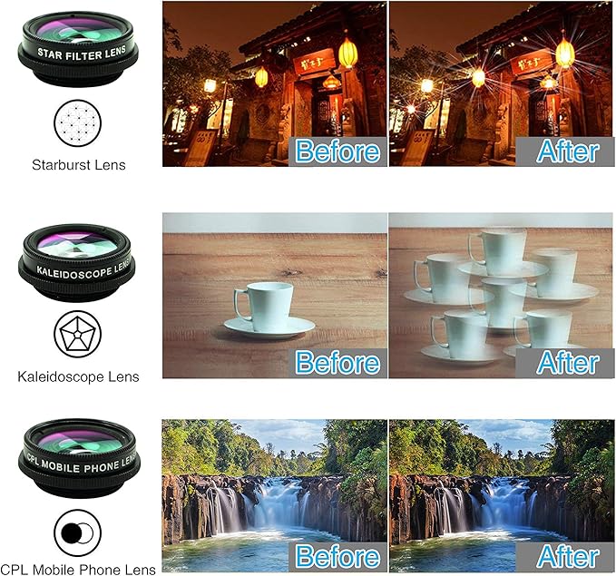 Cell Phone Camera Lens Kit,11 in 1 Universal 20x Telephoto 0.63Wide Angle 15X Macro 198°Fisheye 2X Telephoto Kaleidoscope CPL Starlight Eyemask Tripod,for Most iPhone Smartphone (Black)