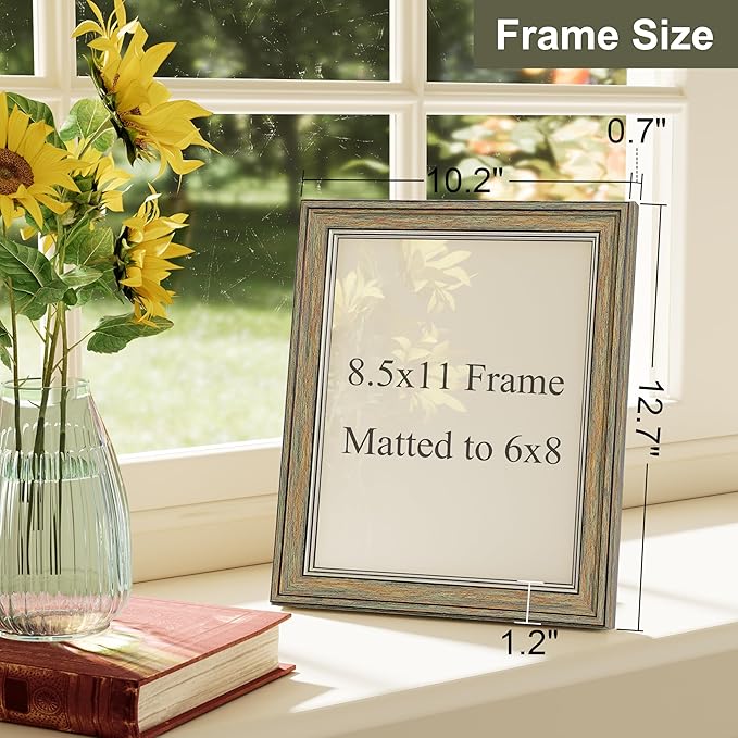 Vittanly 8.5x11 Picture Frame Set of 4, Vintage Photo Frame for Wall Mount, Display 6x8 Pictures with Mat or 8.5x11 without Mat, Rustic Farmhouse Home Decor, Multicolour