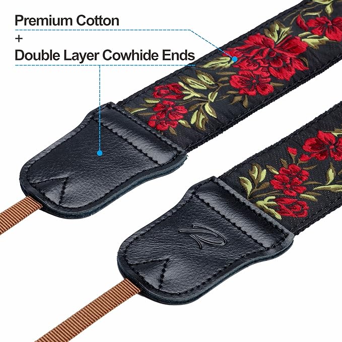 Padwa Lifestyle Rose Flower Camera Strap - 2" Wide Double Layer Cowhide Head,Pure Cotton Embroidery Camera Shoulder Straps,Adjustable Camera Neck Strap for All DSLR Cameras, Gifts for Photographers
