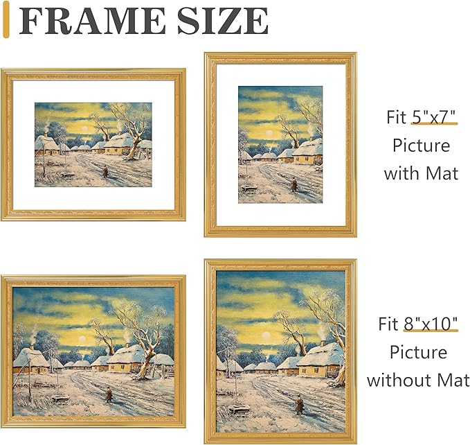 VIOLABBEY 8x10 Gold Picture Frame, Display 5x7 Photo with Mat or 8x10 without Mat, Ornate Vintage 8 x 10 Gold Frame for Wall Decor or Tabletop Display