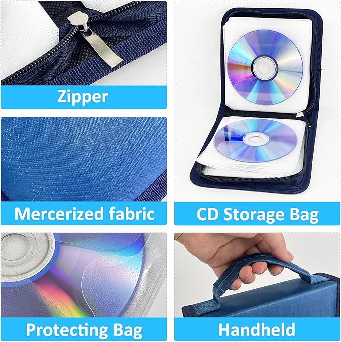 DVD Case CD Storage,40 Capacity CD Cases Holder DVD Storage Case Holders CD DVD Disc Case Storage Wallet Binder for Car Home Office Travel (40 Blue)