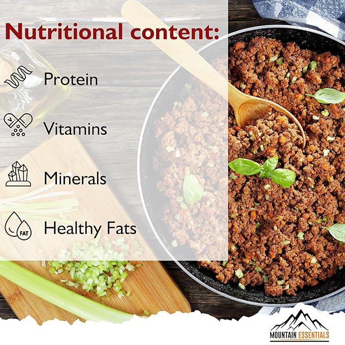 MOUNTAIN ESSENTIALS Freeze-Dried Ground Beef – Pre-Cooked and Ready-to-Eat Hamburger Meat | Everyday Meal Prep, Emergency Food Supply, Camping and Survival Food | 10 Servings per Pouch | Made in USA | 7-Year Shelf Life | Pack of 1