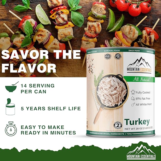 MOUNTAIN ESSENTIALS All Natural Canned Turkey 28 Oz – Fully Cooked, Ready to Eat White Meat – Pantry Staple for Daily Meals, Emergency, Survival & Camping – 5-Year Shelf Life – Made in USA – 1 Pack