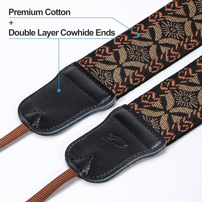 Padwa Lifestyle Mystic Grey Embroidered Camera Strap - Double Layer Cowhide Ends,2" Cotton Woven Camera Straps, Adjustable Vintage Neck&Shoulder Strap for All DSLR Cameras,Great Gift for Photographers