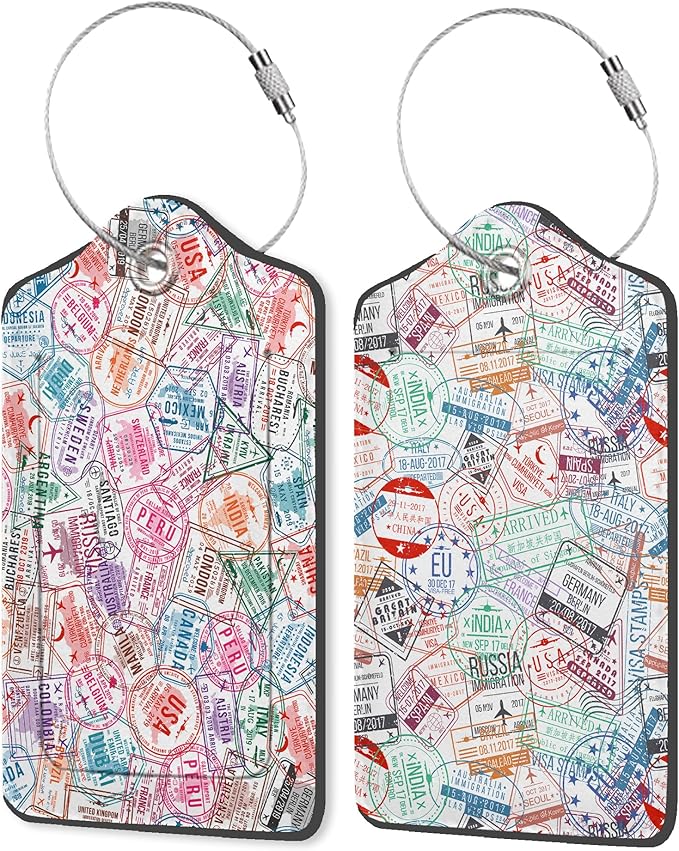 Travel Stamp 2 Pack PU Leather Luggage Tags with Stainless Steel Loop, Funny Retro Labels for Quick Spotting with Privacy Cover ID Label