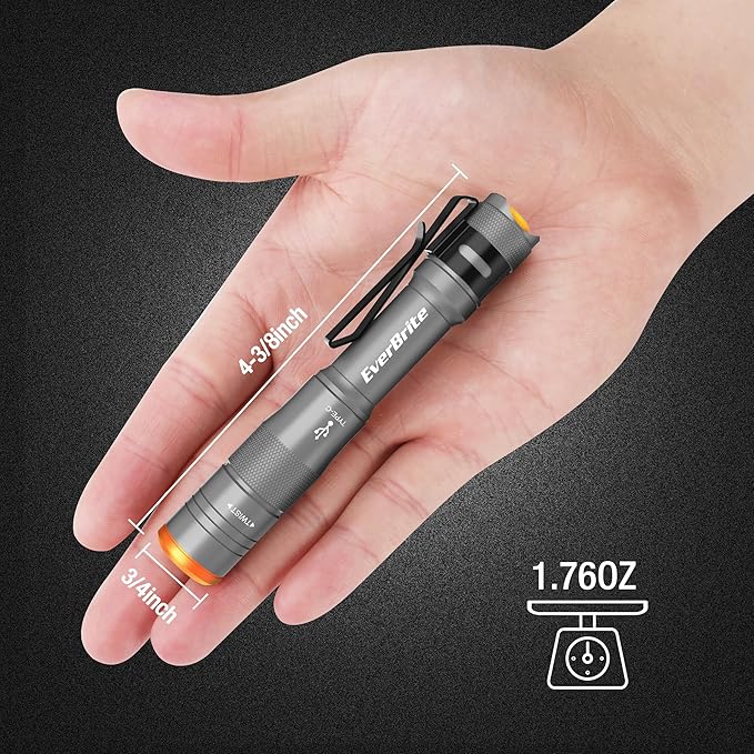 EverBrite Mini Pen Light, Rechargeable Pocket Pen Flashlight with USB C Cable, 4 Light Modes, 300 Lumens Small Flashlight with Clip for Inspection, Repair, Outdoors, Emergency, Gunmetal Grey