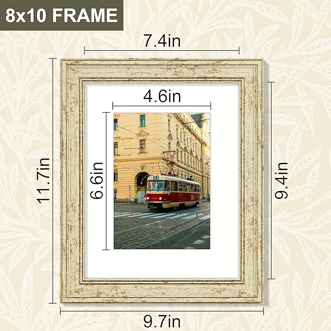 Vittanly 8x10 Picture Frame Set of 4, Vintage Photo Frame for Wall or Tabletop, Display 5x7 Pictures with Mat or 8x10 without Mat, Rustic Farmhouse Home Decor, Green Gold
