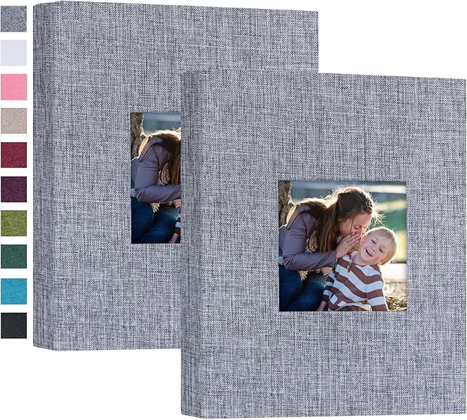Mublalbum 2 Pack Small 5x7 Photo Album Linen Cover with Display Window Mini Picture Book Each Holds 52 Vertical Pockets for Artwork Postcards or Pictures Storage (Gray)