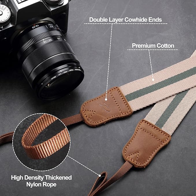 Padwa Lifestyle Stripe Camera Strap - 1.5" Double Layer Crazy Horse Cowhide Ends Camera Straps for Photographers,Universal Adjustable Pure Cotton Woven Neck Shoulder Strap for Cameras and Binoculars