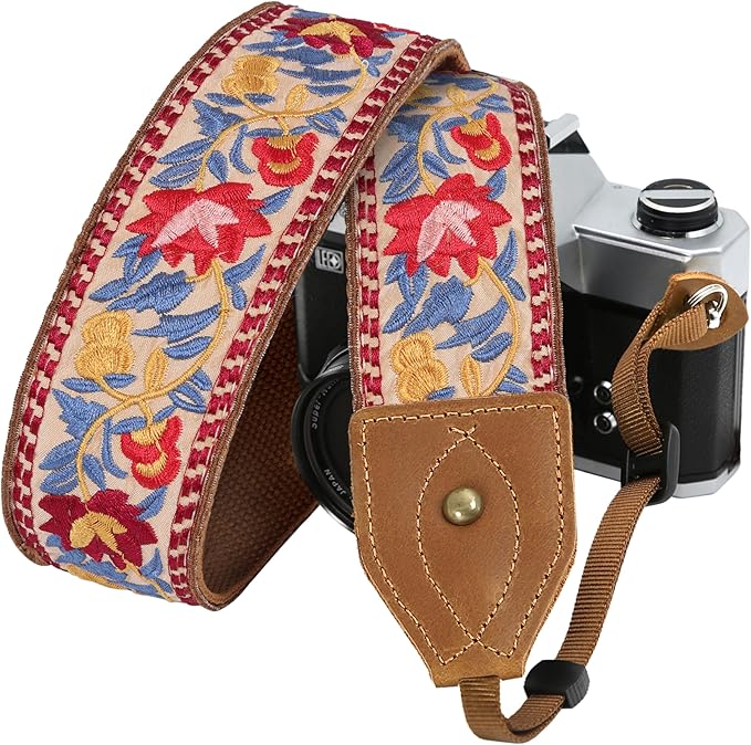 Padwa Lifestyle 2" Wide Classic Crazy Horse Art Cowhide Head Camera Strap - Jacquard Embroidery Floral Vintage Camera Straps for Photographers Gift, Adjustable Shoulder Neck Strap Fits DSLR Cameras