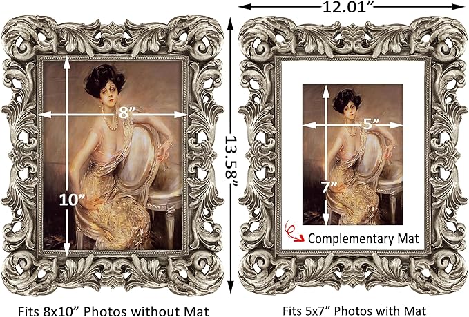 Silver Picture Frame 8x10 Ornate Vintage Baroque for Tabletop Wall Display, Gothic Antique Frame or Matted to 5x7 Photos