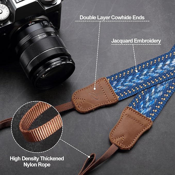 Padwa Lifestyle Speed Blue Camera Strap - 1.5" Soft Cotton Rope Weave Crazy Horse Cowhide Head Camera Straps for Photographers and All Cameras,Cute Adjustable Vintage Woven Strap for Adults & Kids
