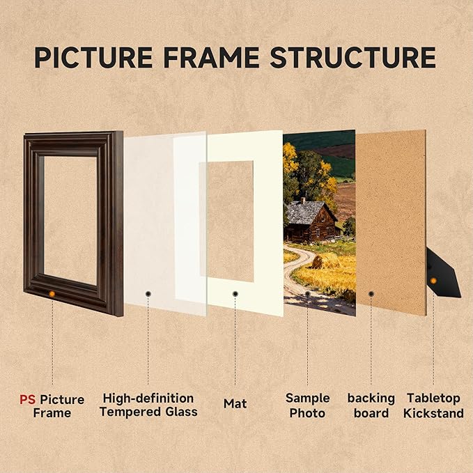 8x10 Picture Frame, 2 Pack Ornate Vintage 8 x 10 Photo Frame for Wall or Tabletop Display, 8x10 Poster Frames with Real Glass, Display 5x7 Pictures with Mat or 8x 10 without Mat for Antique Déco, Brown