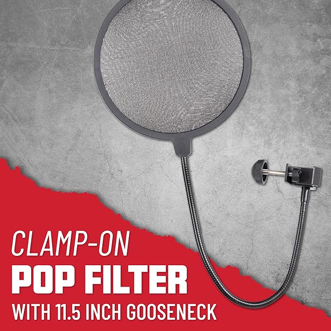 Gator Frameworks Short Weighted Base Microphone Boom Arm Stand with Clamp-On Single Layer Pop Filter (GFW-MIC0821-POP), Black