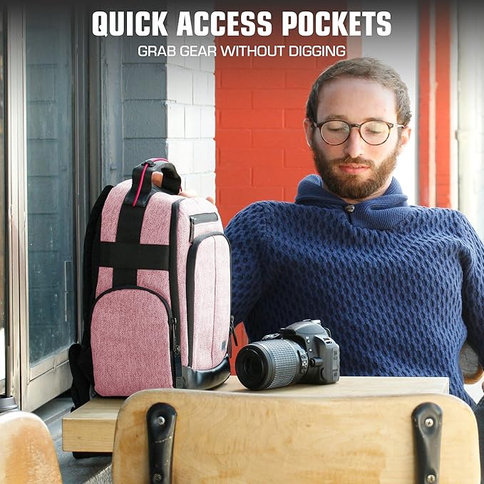 USA Gear Portable Camera Backpack for DSLR with Customizable Accessory Dividers, Weather Resistant Bottom and Comfortable Back Support - Compatible with Canon, Nikon, Sony, Fujifilm, and More (Red)