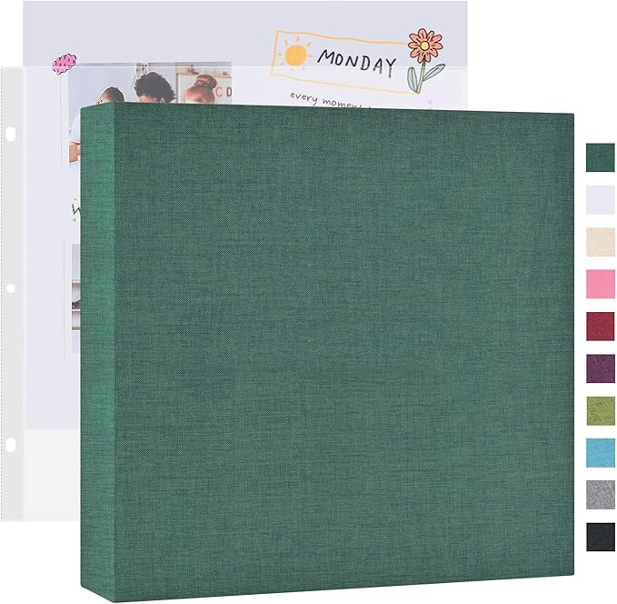 Mublalbum 12x12 Inch Large 3 Ring DIY Scrapbook Photo Album with 20 Plastic Sleeves 40 Pages Linen Cover Folder Binder for Baby Travel Wedding Anniversary and DIY Projects (Dark Green)