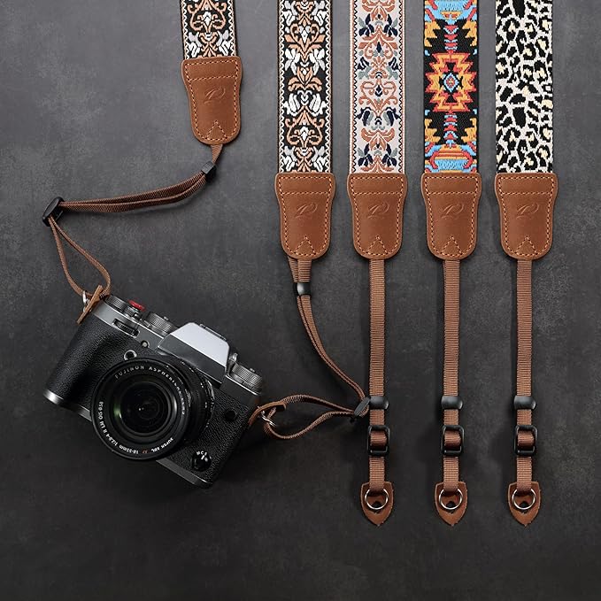 Padwa Lifestyle Camera Strap - 1.5" Crazy Horse Cowhide Head Cotton Strap,Vintage Embroidery Camera Straps for Photographers and All Cameras,Cute Adjustable Shoulder Neck Strap for Adults & Kids