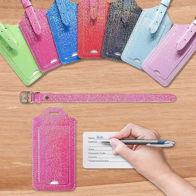 ACdream Luggage Tags 2 Pack, Leather Suitcase Tags Identifiers, Cute Cruise ID Labels with Privacy Cover fits on Backpack, Travel Bag, for Women, Men, Adults, Kids, Hot Pink Glitter