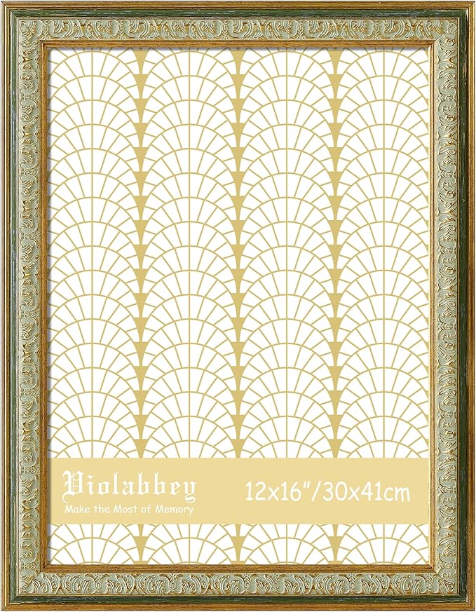 VIOLABBEY 12x16 Picture Frame Green, Vintage Photo Frames Ornate without Mat for Wall Hanging