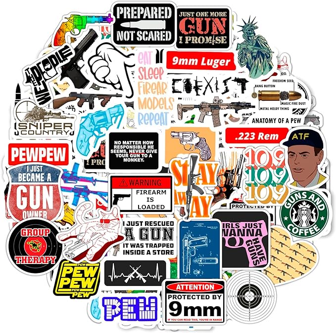 BulbaCraft 100Pcs Funny Gun Stickers, Firearm Stickers, Guns and Ammo Decals, Tactical Military Army Laptop Decals, Gifts for Women & Men