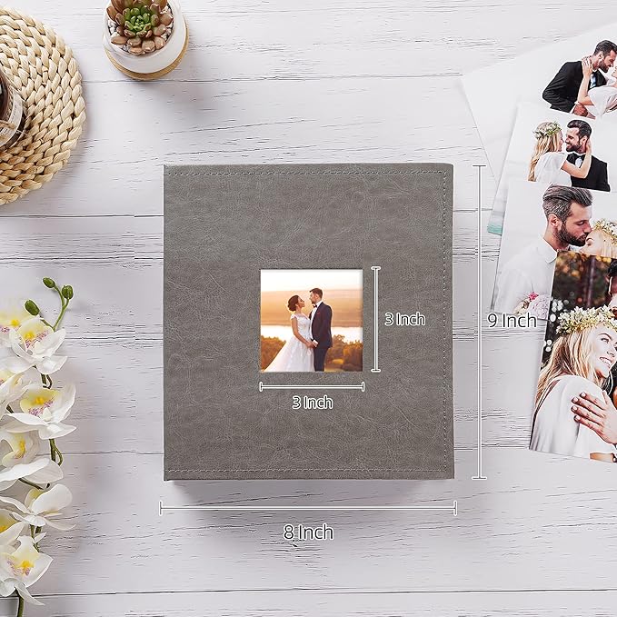 potricher Small Photo Album 4x6 200 Photos Leather Cover Picture Book with 200 Horizontal Pockets for Family Wedding Anniversary and Baby (Gray)