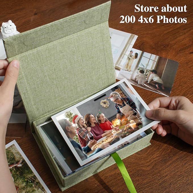 Hiwhy Photo Storage Box 4x6, Linen Photo Box, Memory Box Perfect to Store Your Photo, Pictures, Certificates, Scrapbooking Supplies, Keepsakes and Jewelry Glassgreen