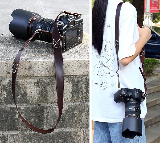 MY MEMORY Handmade Genuine Leather Camera Strap,Adjustable Camera Neck Shoulder Strap for All SLR and DSLR-Dark Brown