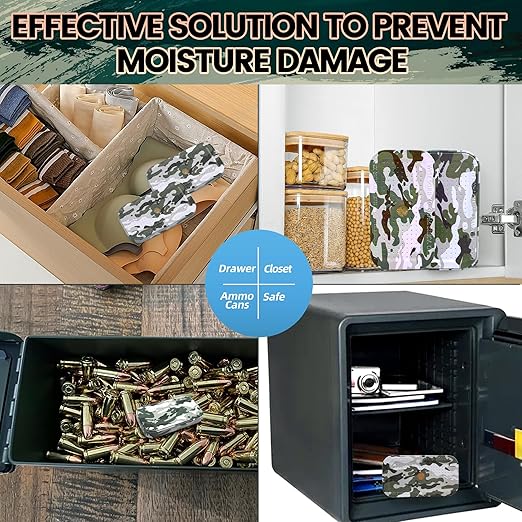 40 Gram Gun Safe Dehumidifier Camouflage, Rechargeable Desiccant Canister Dehumidifier Bags, Reusable Silica Gel Packets Moisture Absorbers for Car, Bathroom, Basement [1 PACK]