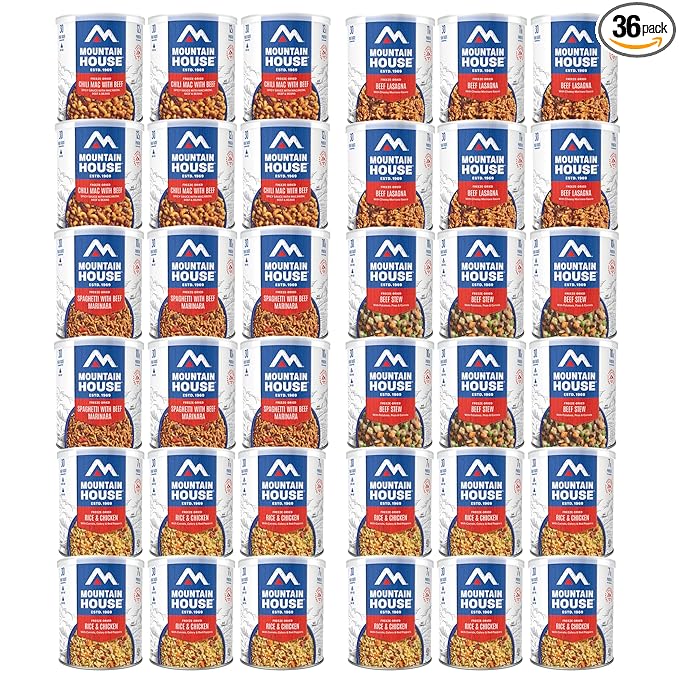 Mountain House 258 Serving Emergency & Survival Food Kit – 36 Cans Ready-to-Eat Meals Including Rice & Chicken, Chili Mac with Beef, Spaghetti with Meat Sauce – Long-Term Storage, Fully Cooked, 30-Year Taste Guarantee – Ideal for Camping, Hiking & Back...