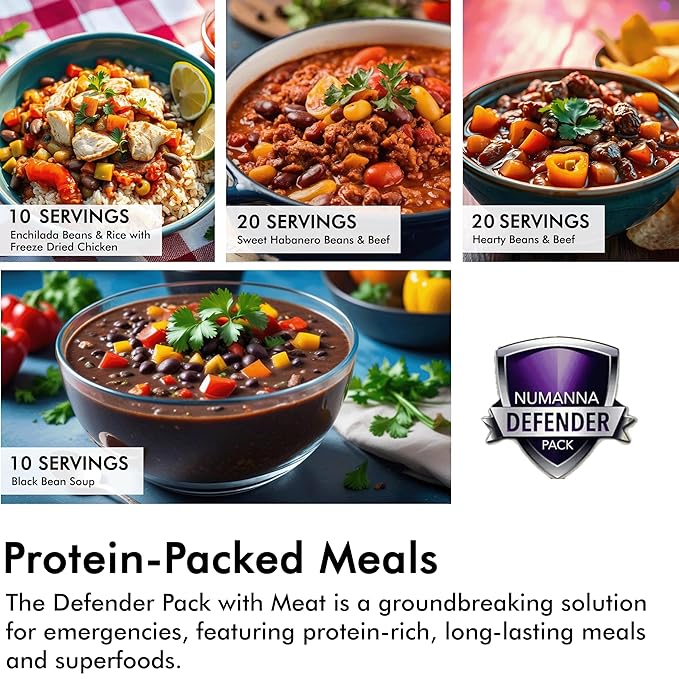 Numanna Defender Pack with Meat Bucket 1,296 Servings | 6-Months Emergency Food Supply with Protein | Easy-to-Prepare Survival Meals for Camping & Daily Use | 25+ Year Shelf Life | Made in USA