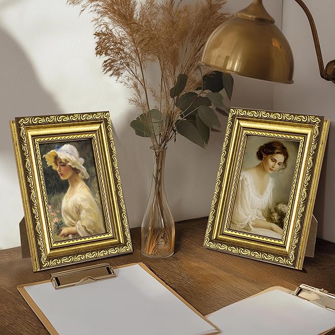eletecpro 3x4 Picture Frames Set of 4, Rustic Gold Frames with Glass Cover, Ornate Vintage Photo Frame Displays 3x4 Photo for Tabletop, Gold