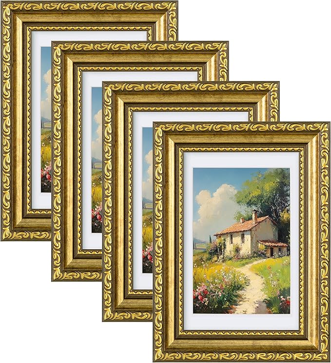 eletecpro 4x6 Picture Frames Set of 4, Retro Frames with Glass Cover, Vintage Gold Photo Frame 4 by 6 Displays 3.5x5 Photo with Mat or 4x6 without Mat for Tabletop or Wall Decor, Gold