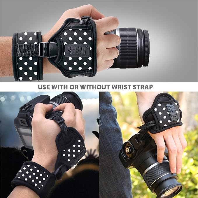 USA Gear DualGRIP Professional Grip Camera Hand Strap with Neoprene Design and Metal Plate - Compatible with Canon, Fujifilm, Nikon, Sony, and more DSLR, Mirrorless, Point & Shoot Cameras (Polka Dot)