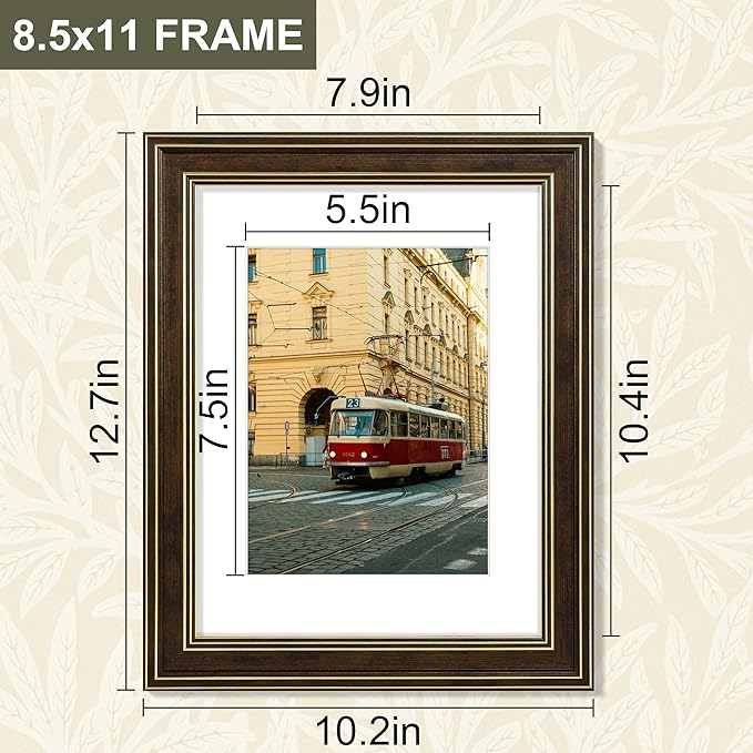 Vittanly 8.5x11 Picture Frame Set of 4, Vintage Photo Frame for Wall Mount, Display 6x8 Pictures with Mat or 8.5x11 without Mat, Rustic Farmhouse Home Decor, Brown